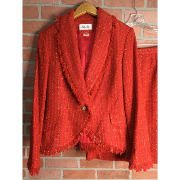 Vintage Tweed Skirt Blazer Jacket Set Suit Red Gold Metallic Fringe Detail - Picture 3 of 8